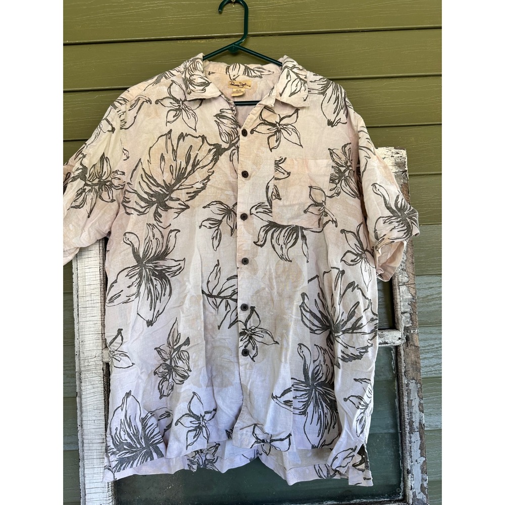 Panama Jack Mens XL Floral Button Down Shirt Tan Brown Ramie Cotton Tropical